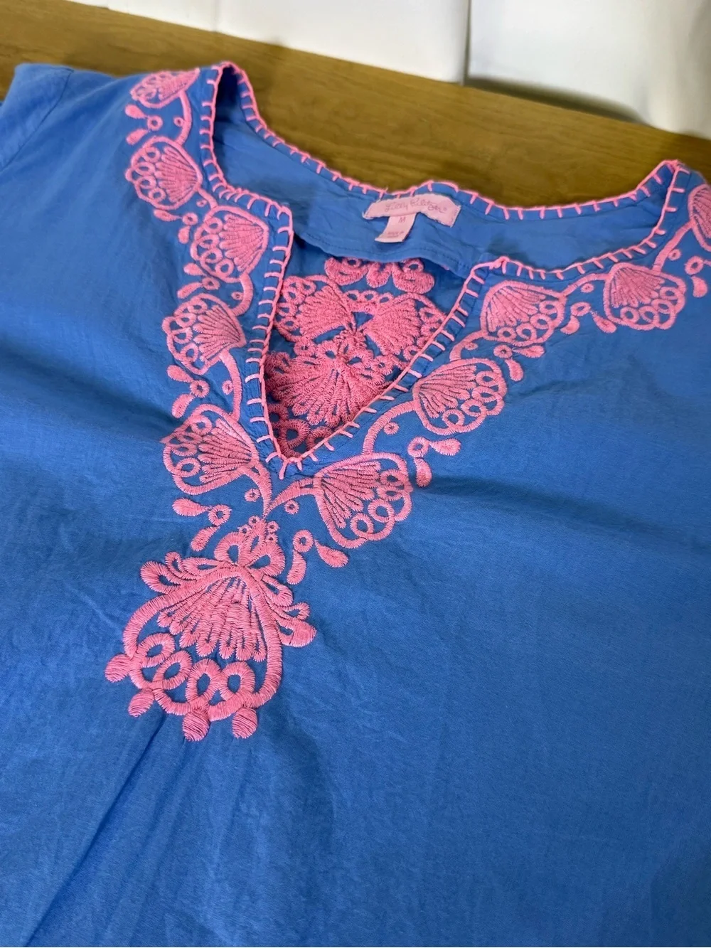 Lilly Pulitzer Beach Cover Up 3/4 sleeve Cotton Tunic in Blue Pink Size Medium